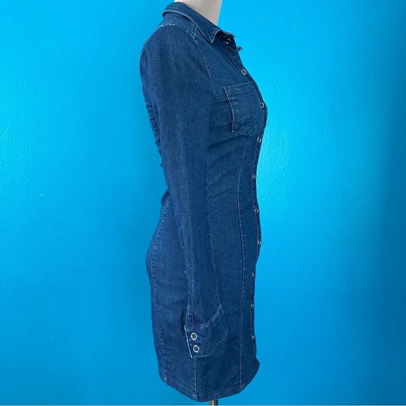 Fitted Denim Mini Dress w/ Long Sleeves in Dark Wash Blue Jean Size 2 XS - Picture 4 of 9